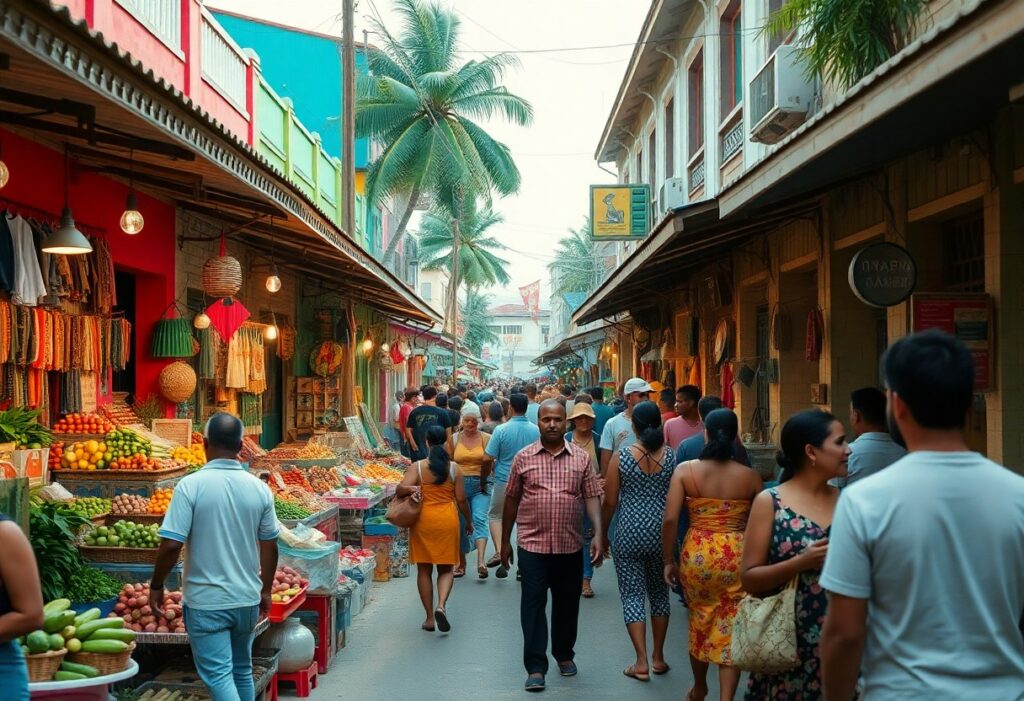 A bustling street market with people walking and shopping. Stalls on both sides display fruits, vegetables, and colorful textiles. Palm trees are visible in the background against a clear sky. The scene is vibrant and lively.