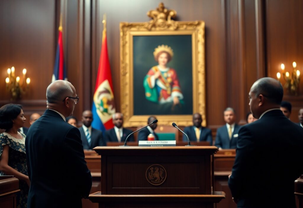 A formal gathering in a wood-paneled room features two speakers at a podium. Attendees, some in suits, are seated and standing. A large painting and flags are displayed in the background.