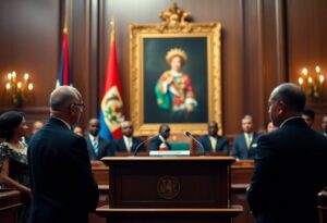 A formal gathering in a wood-paneled room features two speakers at a podium. Attendees, some in suits, are seated and standing. A large painting and flags are displayed in the background.