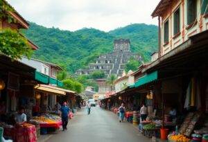 In San Ignacio Town, a bustling outdoor market lines both sides of a narrow street with stalls selling various goods. People stroll along the road, embarking on their own Belizean adventures. In the background, a grand ancient stone structure rises against a lush green hillside under a cloudy sky.