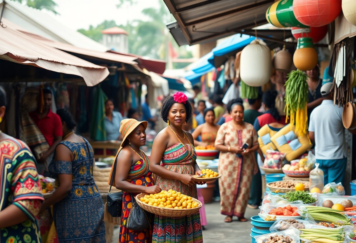 A bustling outdoor market scene with people in colorful traditional attire. Two women in the foreground carry baskets of small yellow fruits. Stalls display various goods, and shoppers browse under tarpaulin covers.