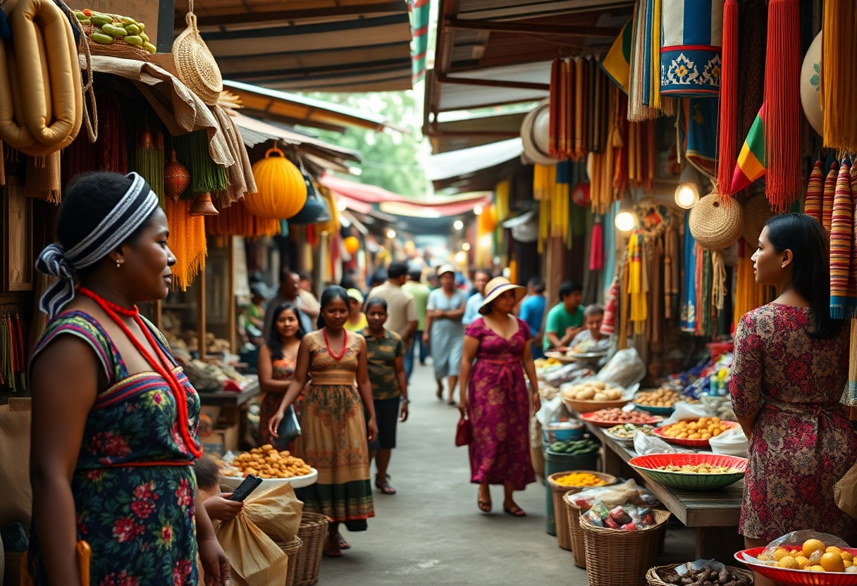 A bustling outdoor market with various vendors selling goods. People are walking along a narrow aisle, surrounded by colorful textiles, baskets, and food items. The market is lively, with shoppers and sellers engaging in activities.