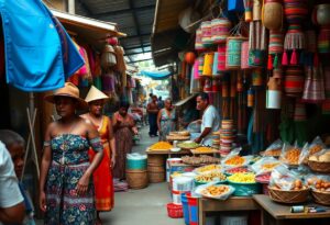 Outdoor market scene with vendors selling colorful woven baskets, textiles, and foods. Shoppers browse stalls lined with goods. People wear a mix of casual and traditional clothing. Bright, vibrant atmosphere under a covered walkway.