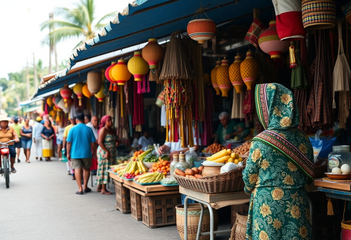 A vibrant outdoor market with colorful lanterns and textiles hanging above. Stalls display fruits, vegetables, and goods. A person in patterned attire stands near baskets of produce. Shoppers and a motorbike are visible in the background.