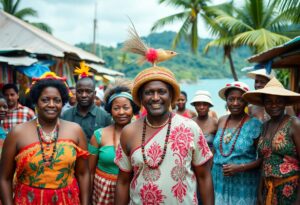 A group of people stands outdoors near market stalls and palm trees, wearing colorful traditional clothing and hats. The scene is tropical, with water and mountains visible in the background.