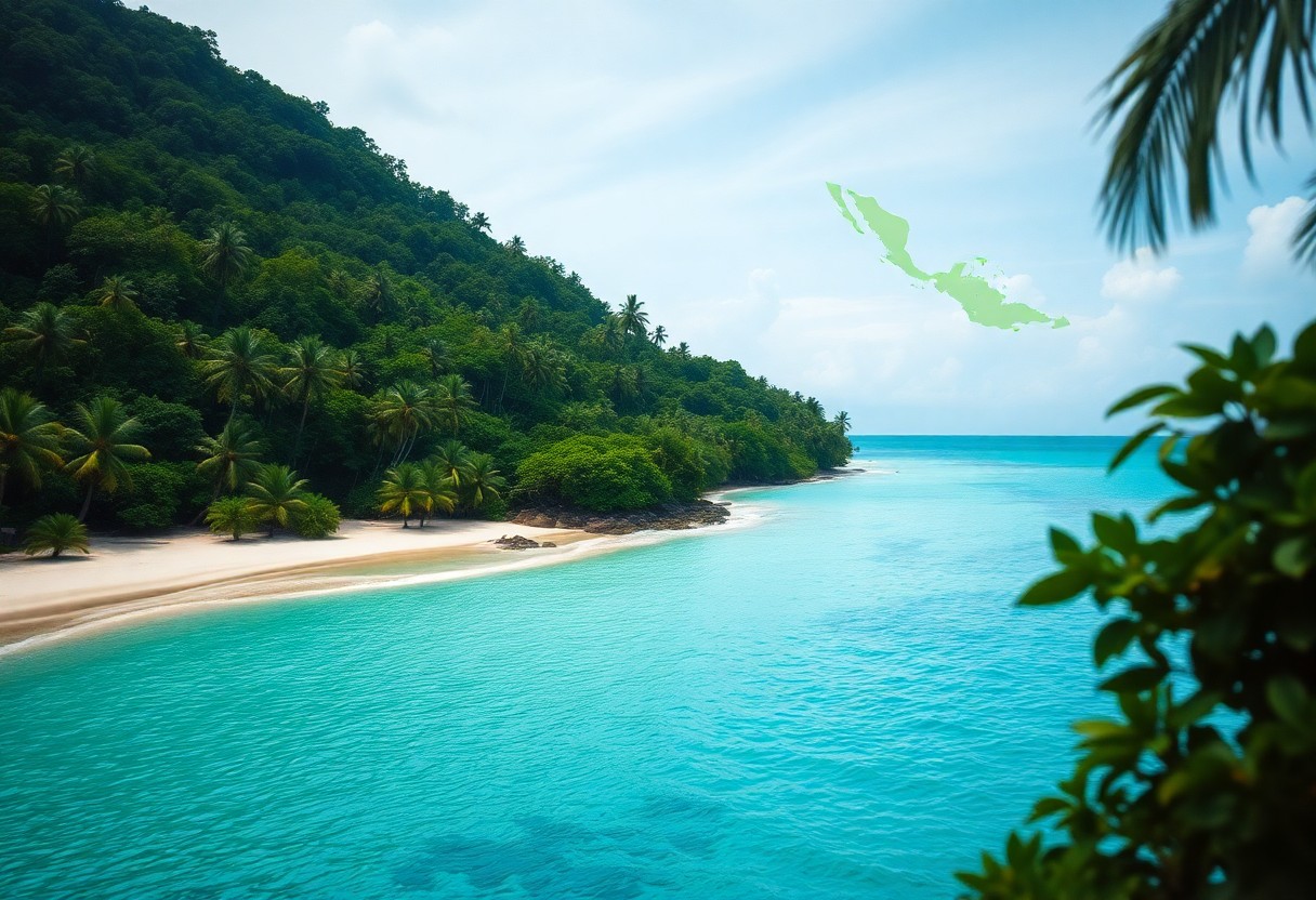 Tropical beach scene with lush green hillside and palm trees on left. Sandy shore meets clear turquoise water. A faint map of Indonesia is superimposed in the sky. Bright, partly cloudy day.
