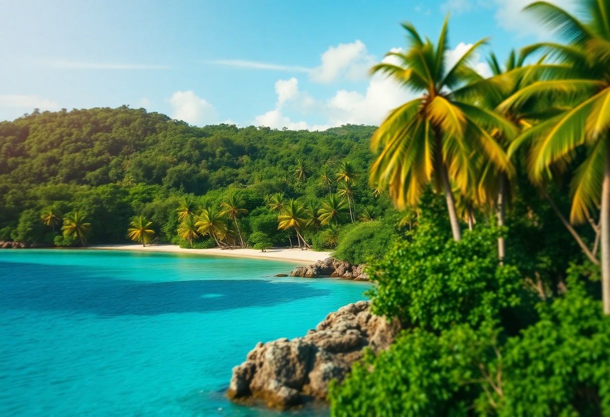 A tropical beach scene with turquoise water, a sandy shore, and lush green hills in the background. Palm trees are scattered along the coastline, and white clouds dot the blue sky.