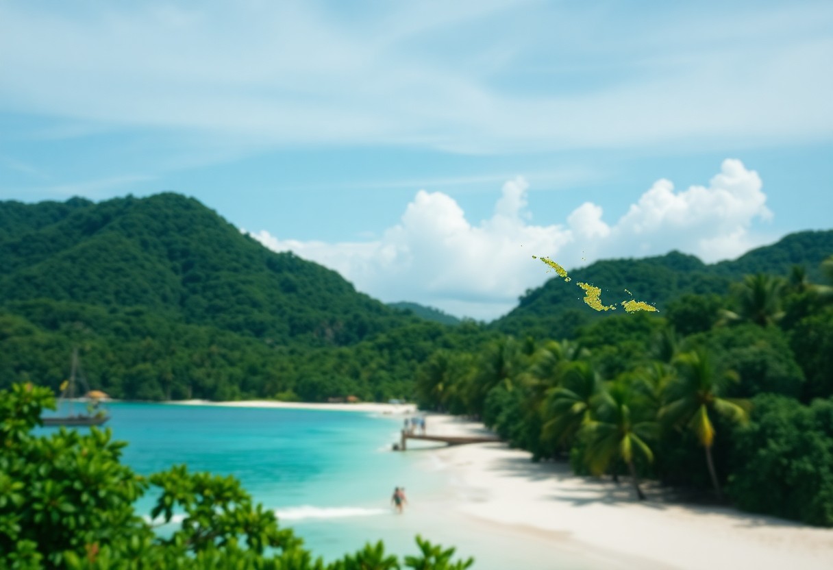 A scenic tropical beach features turquoise waters meeting a white sandy shore. Lush green hills rise in the background. A few people are visible on the beach, and fluffy clouds dot the blue sky. Palms line the shore.