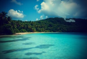 A tropical beach scene with turquoise water and faint shadows of clouds on the surface. The shoreline is lined with lush green palm trees under a partly cloudy blue sky.