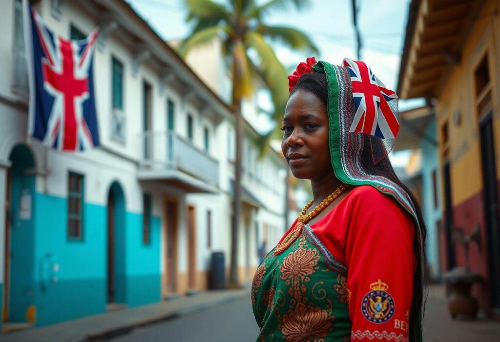A woman stands on a street lined with colorful buildings, wearing a red and green outfit and a headscarf featuring the British flag; a large British flag hangs on a building behind her.