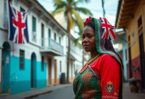 A woman stands on a street lined with colorful buildings, wearing a red and green outfit and a headscarf featuring the British flag; a large British flag hangs on a building behind her.