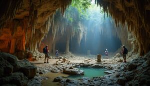 Four people with backpacks stand inside the ATM Cave Belize surrounded by stalactites and a small pool of water.