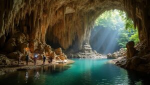 A group of people with backpacks and flashlights stand near the edge of a clear blue pool inside Belize's ATM Cave.