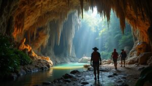 Three people walk through the ATM Cave beside a shallow stream with sunlight illuminating the entrance.