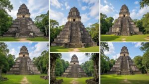 A collage of six photos shows a stepped stone pyramid, one of Belize’s Maya ruins, surrounded by green grass and trees under a partly cloudy sky.