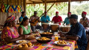 Table with Garifuna dishes, drums and musicians in colorful attire