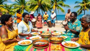 People sharing fried fish and cassava bread on the beach while musicians play drums