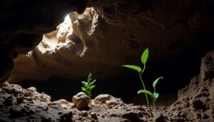 A small cave with rocky walls and an opening above letting in sunlight. Showcasing the rich biodiversity found in Belizean caves, two green plants are growing from the rocky ground near the light source.