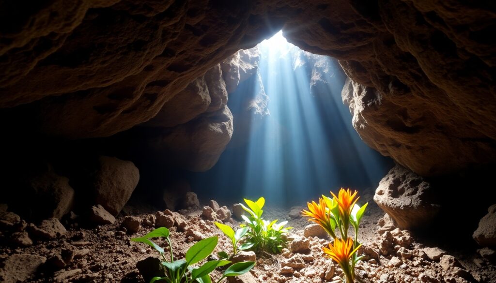 Sunlight streams through an opening in a Belizean cave, illuminating lush green plants and orange flowers growing among scattered stones, showcasing the cave’s rich biodiversity.
