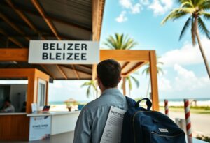 A person with a blue backpack and documents stands facing a building with a sign reading "BELIZER BLEIZEE" near a beach, with palm trees and the ocean visible in the background.