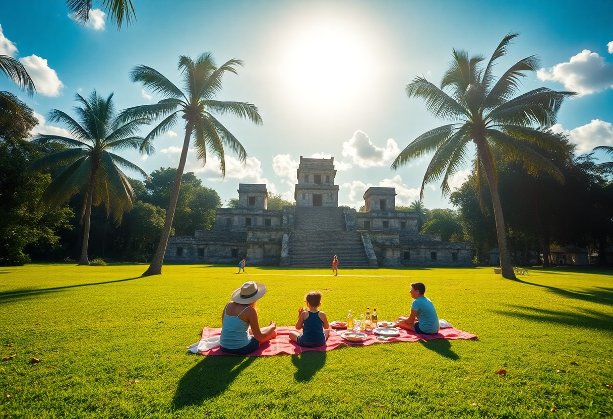 Family visiting Maya ruins in Belize