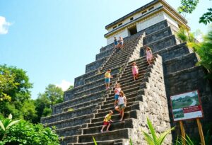 Several children and adults walk down the stone steps of a pyramid-like structure surrounded by greenery, under a clear blue sky. A red informational sign is visible on the right side near the base of the steps.