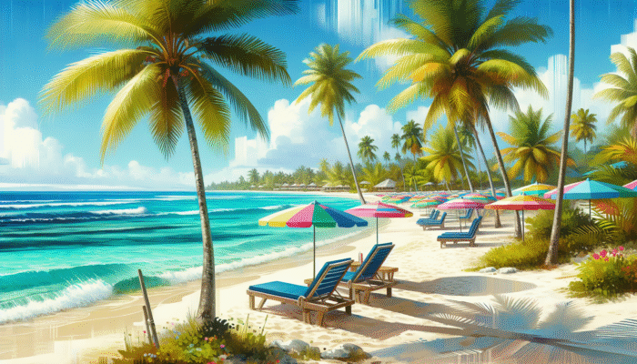 A vibrant scene at Coco Beach, Belize, with turquoise waters, white sand, palm trees, and colorful umbrellas.