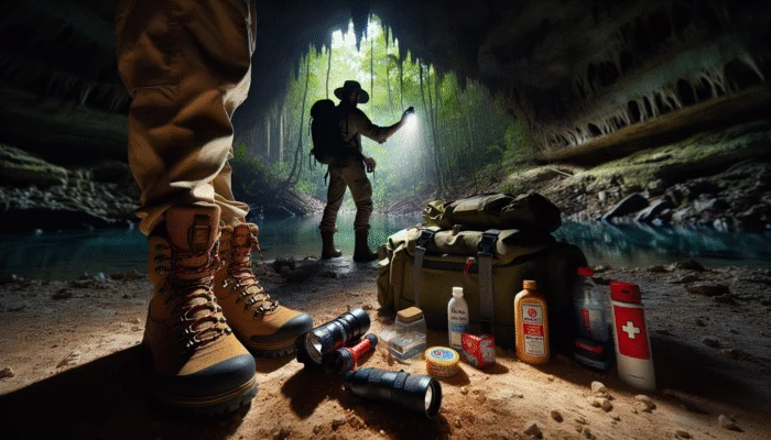 Hiker with essentials like sturdy shoes, waterproof bag, flashlight, snacks, insect repellent, sunscreen, water bottle, and first-aid kit near a Belizean cave.
