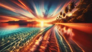 A vivid, colorful sunset over a tropical beach in Placencia, Belize, with tall palm trees, calm waves reflecting orange and blue hues, and mountains in the background under a dramatic, streaked sky—your ultimate resource for a dreamy beach escape.