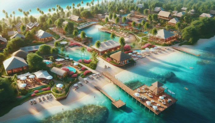 A vibrant beach scene with easy access, mesmerizing landscapes, rich marine life, and amenities enhancing its appeal.