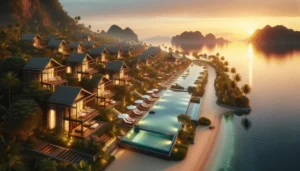 A row of luxury villas and pools line a tropical beachfront at sunset in Belize, with palm trees, sun loungers, and calm water, surrounded by lush green hills and distant islands—perfect for any Best Resorts in Belize travel guide.