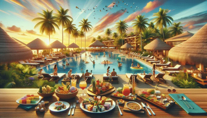 Guests enjoying all-inclusive amenities at a tropical resort under a vibrant sunset sky.