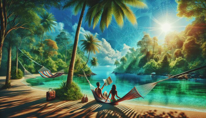 Crystal-clear waters, lush jungle, colorful hammocks, couple with guide and map on serene Belize beach.