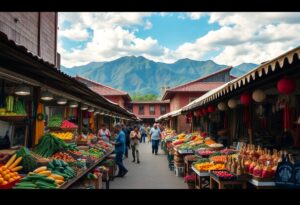 Outdoor market with stalls displaying colorful fruits and vegetables. Several people walk and shop along the central aisle. Buildings and mountains are visible in the background under a blue sky with clouds.