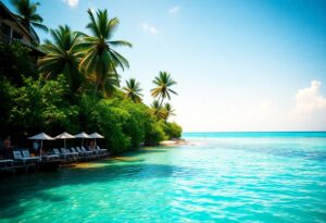 A tropical beach scene with clear turquoise water, palm trees, and lounge chairs with umbrellas on the shore. Bright sunlight and blue sky create a tranquil atmosphere.