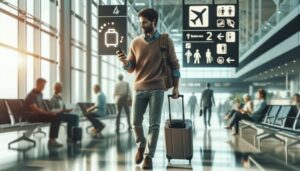 A man walking through Belize Airport pulls a rolling suitcase and checks his phone. Overhead signs display directions to gates, baggage claim, restrooms, and exits—a scene perfect for any travel guide or essential resource. Other travelers sit in the background.