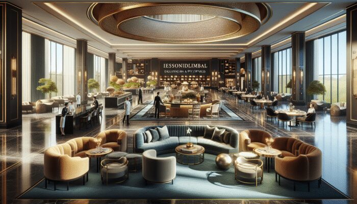 A serene luxury hotel lobby with attentive staff, lavish furnishings, gourmet dining, and guests enjoying spa and fitness amenities.