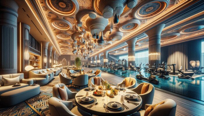 A luxurious hotel lobby showcasing a gourmet restaurant, modern fitness center, and serene spa.