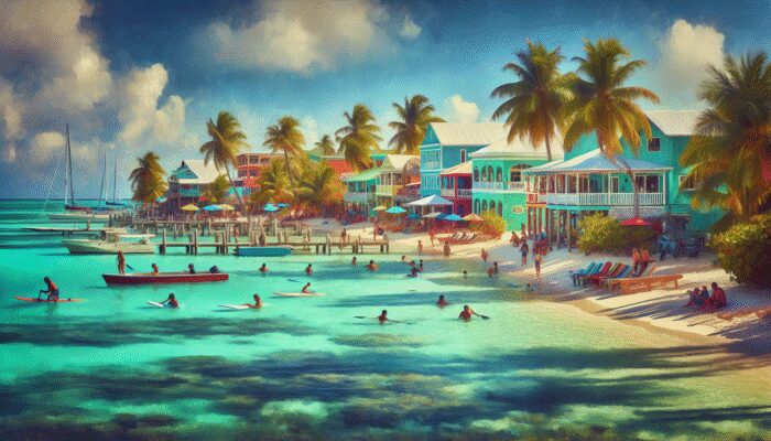 Colorful beachfront buildings and clear turquoise waters of Caye Caulker, Belize, with locals enjoying water sports.