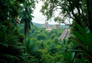Several ancient pyramid structures rise above dense tropical jungle with tall palm trees. The sky is overcast, and lush green vegetation surrounds the pyramids, giving the scene a hidden, remote atmosphere.