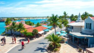 A coastal town scene in Corozal Town, Belize, where people walk and bike along colorful streets lined with palm trees, outdoor cafes, and real estate options that highlight the area's affordable living by blue water and boats under a clear sky.