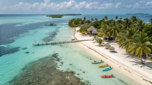 Aerial view of Belize Secret Beach, a hidden gem with clear turquoise water, palm trees, a long wooden pier, thatched-roof huts, and colorful kayaks and boats on the sand under a partly cloudy sky—perfect for any travel guide.