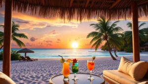 A tropical beach at sunset with palm trees, lounge chairs, and three colorful cocktails on a round table under a thatched roof—experience this paradise with exclusive Belize vacation packages or unbeatable Belize deals.
