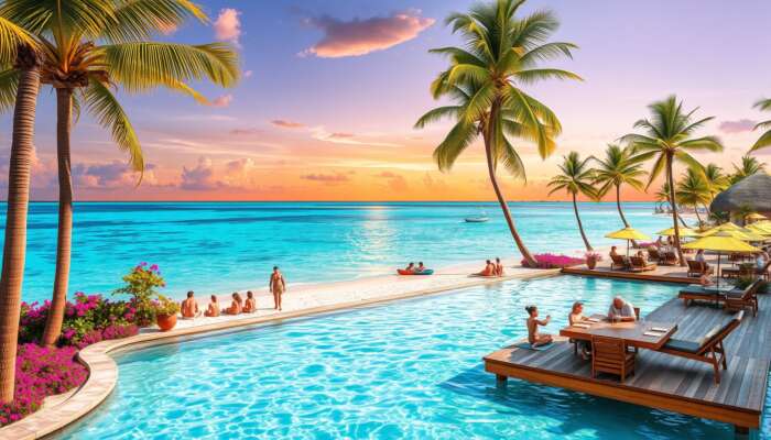 A luxurious all-inclusive resort in Belize with families enjoying leisure activities on a serene beach, surrounded by palm trees and vibrant flowers, under a beautiful sunset.