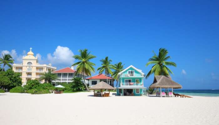 A scenic beachfront view in Belize featuring a luxury hotel, a cozy boutique hotel, a vibrant budget hotel, and a thatched-roof cabana, all amidst tropical palm trees and clear blue skies.