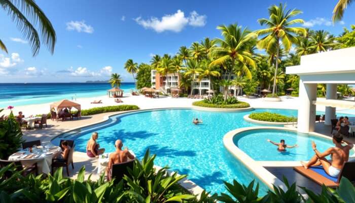 Luxurious all-inclusive resort featuring a pristine beach, tropical gardens, elegant dining areas, an infinity pool, and guests engaging in snorkeling and yoga.