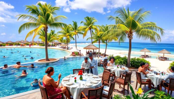 A lively all-inclusive resort showcasing snorkeling in clear waters, a cooking class with engaged participants, and an elegant dining area with ocean views amidst tropical gardens and palm trees.