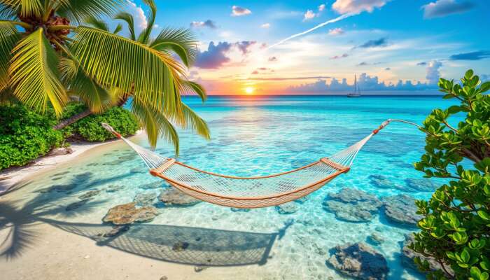Serene Belize beach with turquoise waters, coral reefs, and a hammock between palm trees under a colorful sunset.