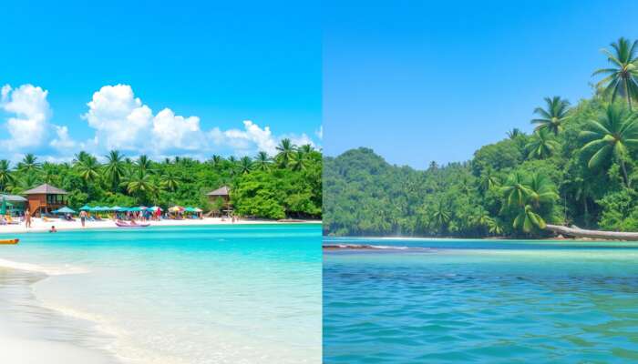 A vibrant beach scene in Belize with sunbathers and colorful umbrellas under clear blue skies, contrasted with a lush rainforest landscape experiencing rain showers, highlighting both peak and off-peak tourist seasons.