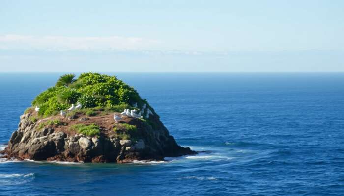 Lush bird island landscape with diverse vegetation, seabirds nesting, and visible guano deposits, surrounded by gentle waves and a clear blue sky.